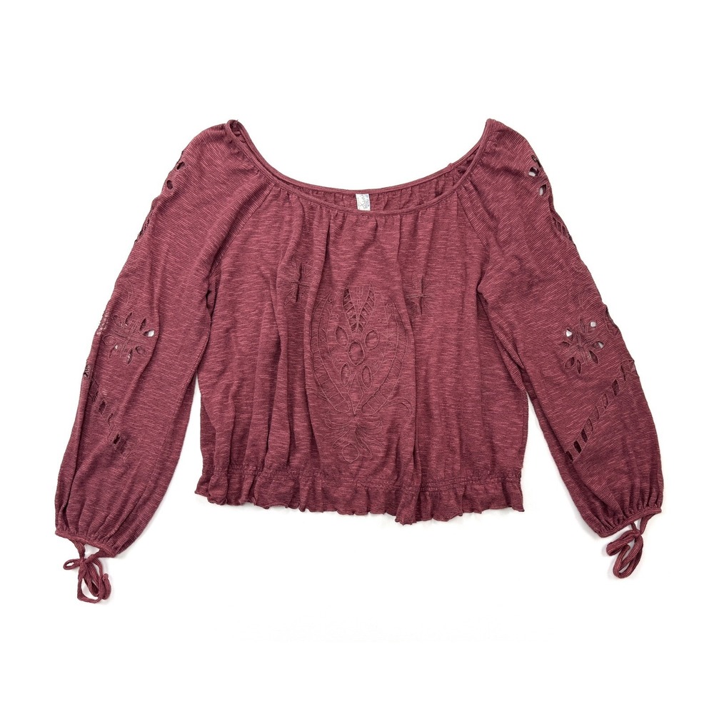 FREE PEOPLE/WE THE FREE Burgundy Embroidered Eyelet Boho Peasant Top Medium 1845 - Picture 2 of 8